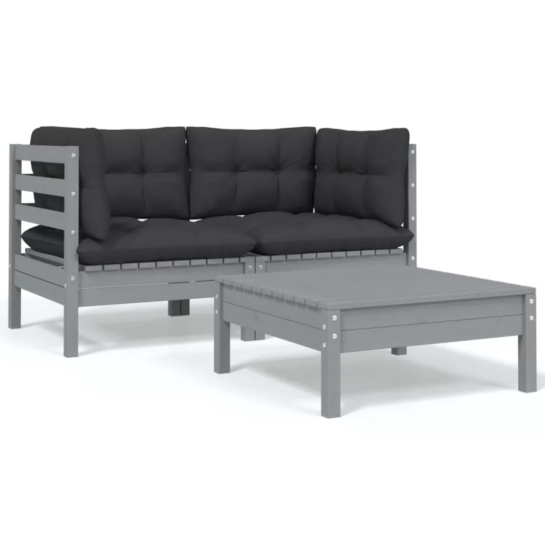 3-tlg. Garten-lounge-set Mit Kissen Grau Kiefer Massivholz günstig online kaufen