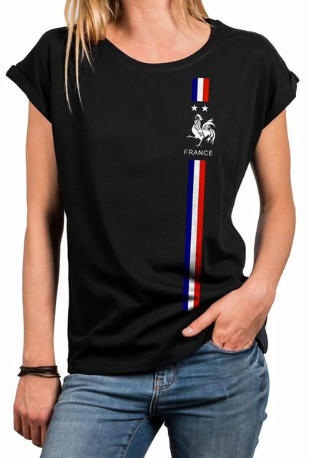 MAKAYA Print-Shirt Damen Kurzarmshirt Baumwolle Frankreich Fahne Flagge Tri günstig online kaufen