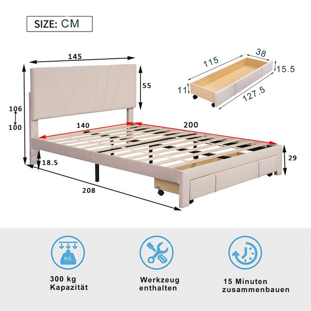 Ulife Polsterbett Doppelbett Jugendbett mit Rückenlehne und großer Schublad günstig online kaufen