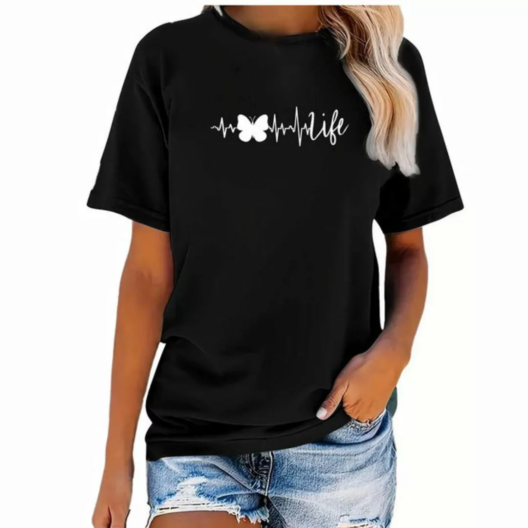 Banco Print-Shirt Damen "Butterfly Life" Unifarben Premium T-Shirt Rundhals günstig online kaufen