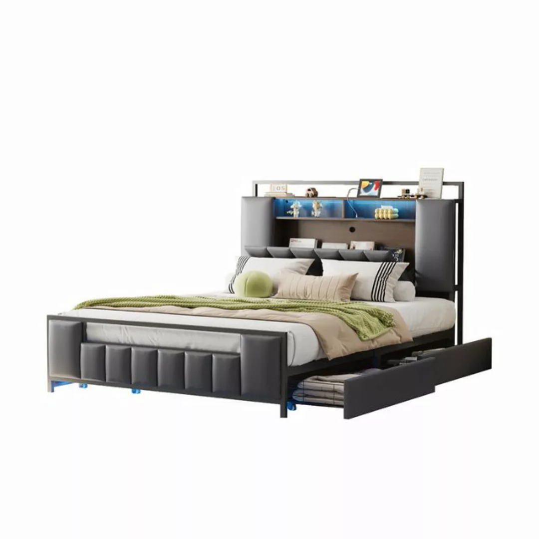 Flieks Metallbett, LED Polsterbett 140x200cm mit USB-Aufladen und 4 Schubla günstig online kaufen