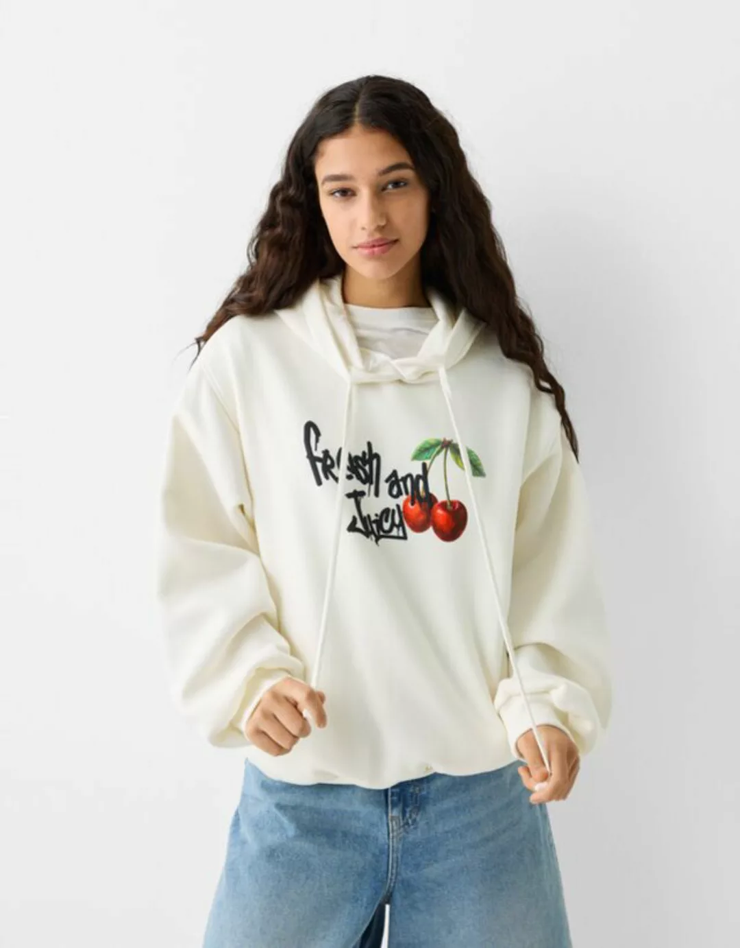 Bershka Hoodie Mit Print Damen Xs Rohweiß günstig online kaufen