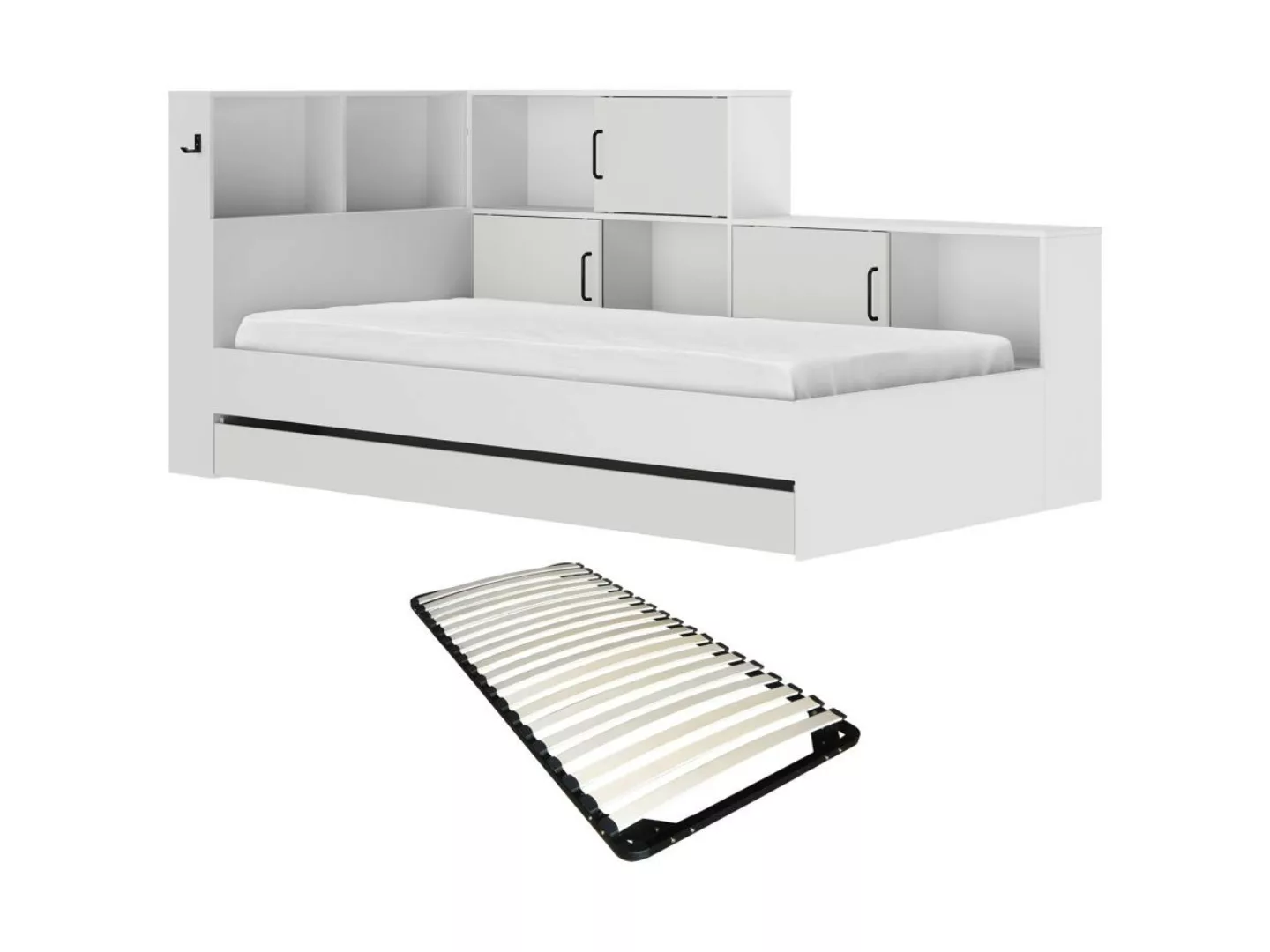 Bett mit Stauraum & Schublade - 90 x 200 cm - Weiß + Lattenrost - ARMAND günstig online kaufen
