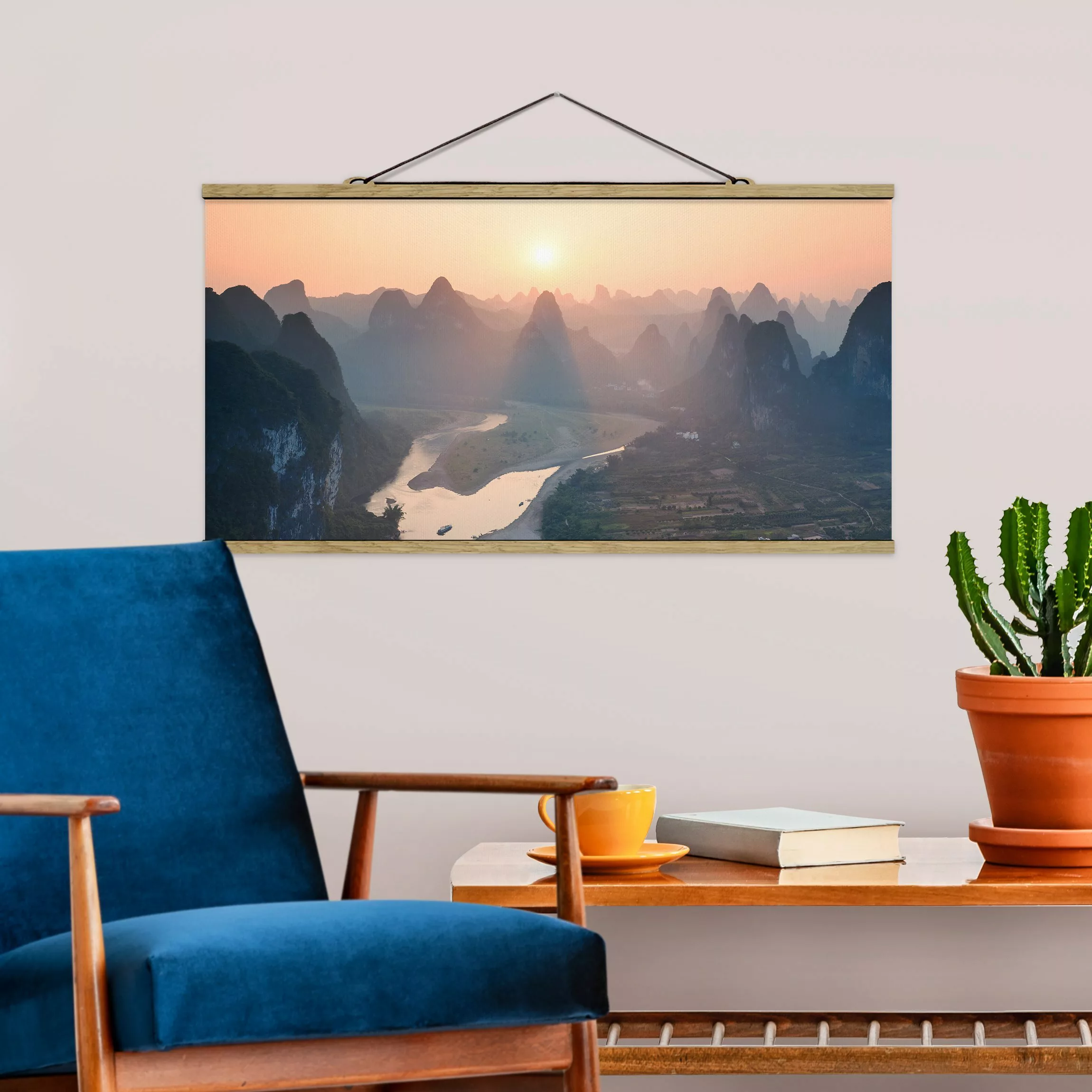 Stoffbild mit Posterleisten Sonnenaufgang in Berglandschaft günstig online kaufen
