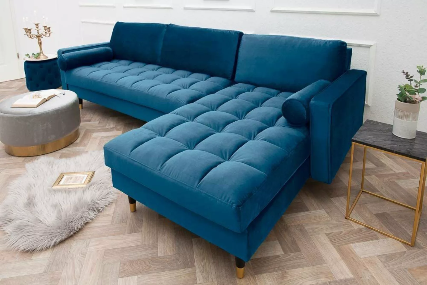 LebensWohnArt Sofa Ecksofa 260cm Ottomane beidseitig COMFORT blau Samt Fede günstig online kaufen