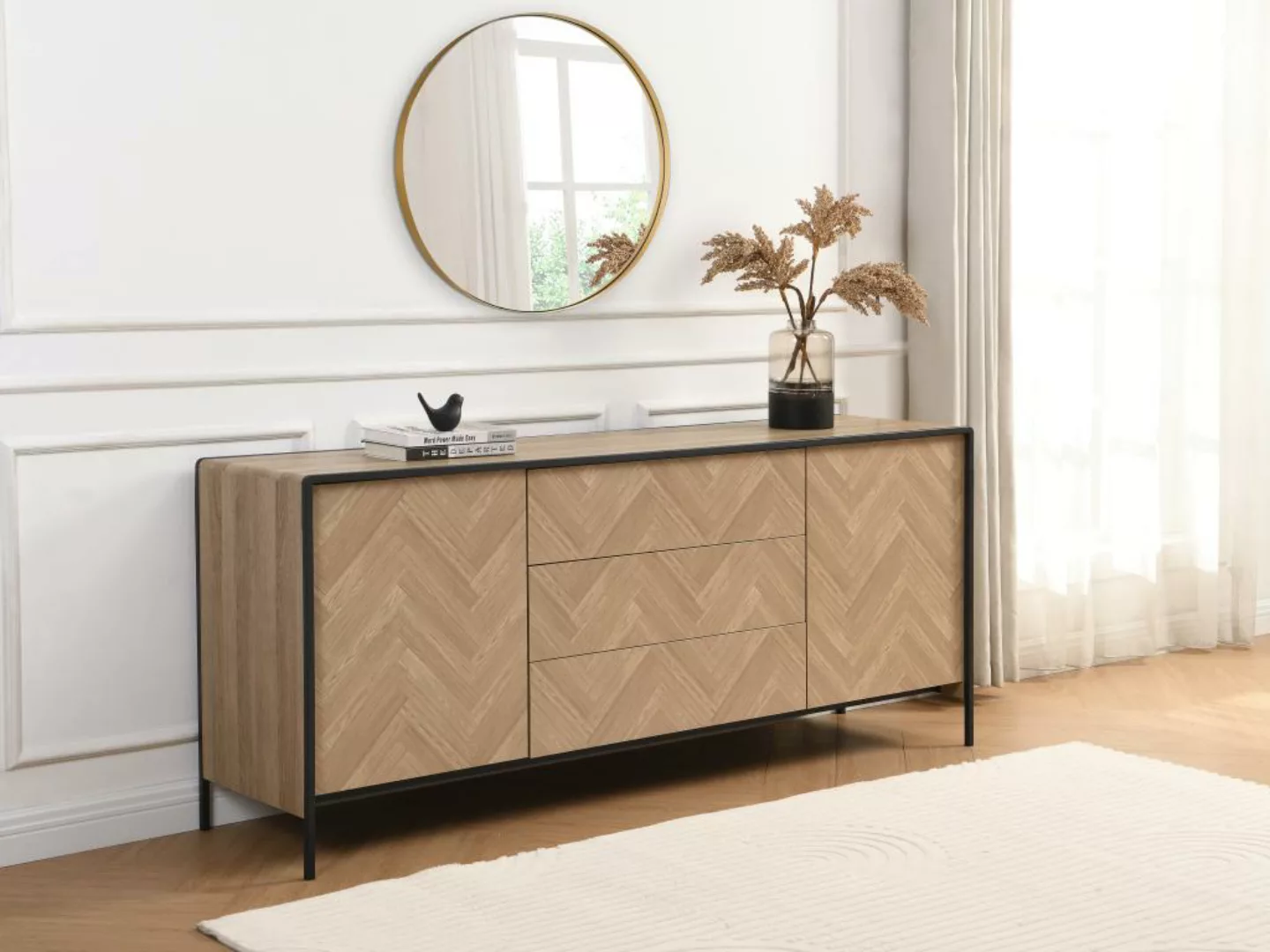 Sideboard mit 2 Türen & 3 Schubladen - MDF & Stahl - Holzfarben hell & Schw günstig online kaufen