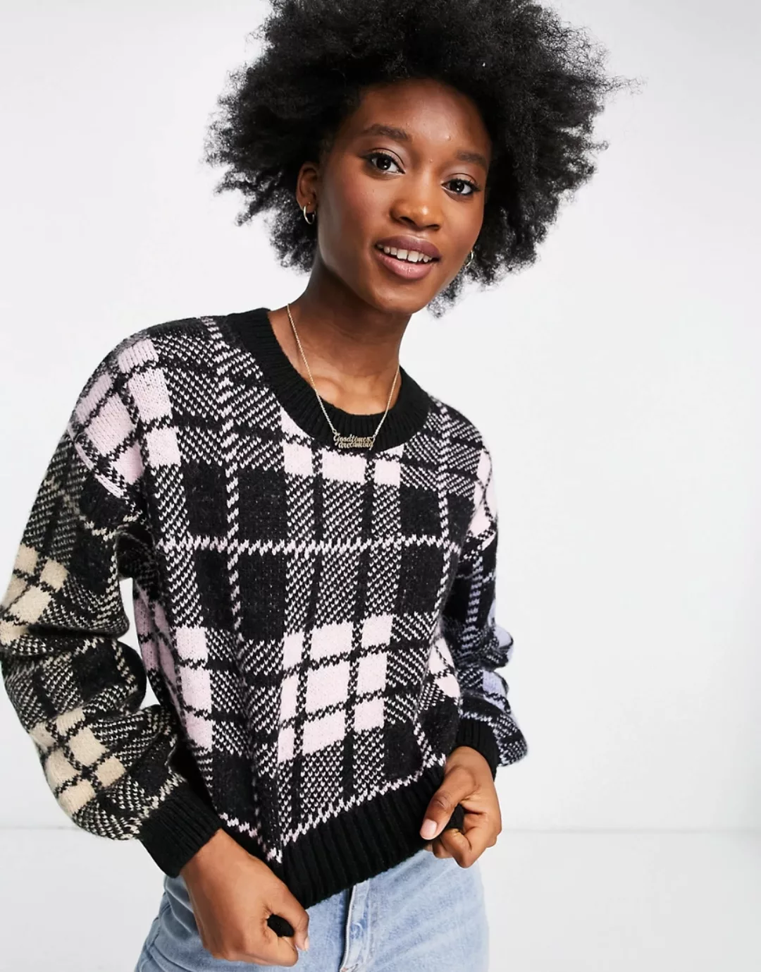 ASOS DESIGN – Pullover mit buntem Karomuster-Mehrfarbig günstig online kaufen