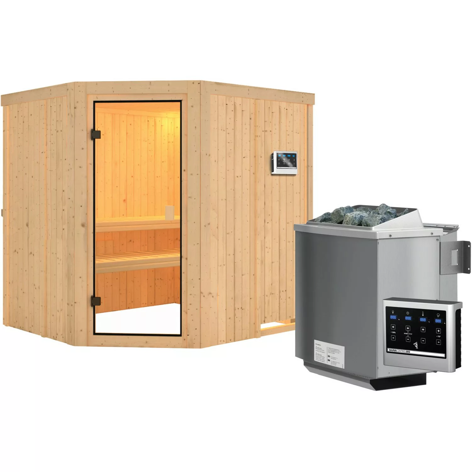 Woodfeeling Sauna Bodo inkl. 9 kW Bio-Ofen mit ext. Strg., Glastür Bronzier günstig online kaufen