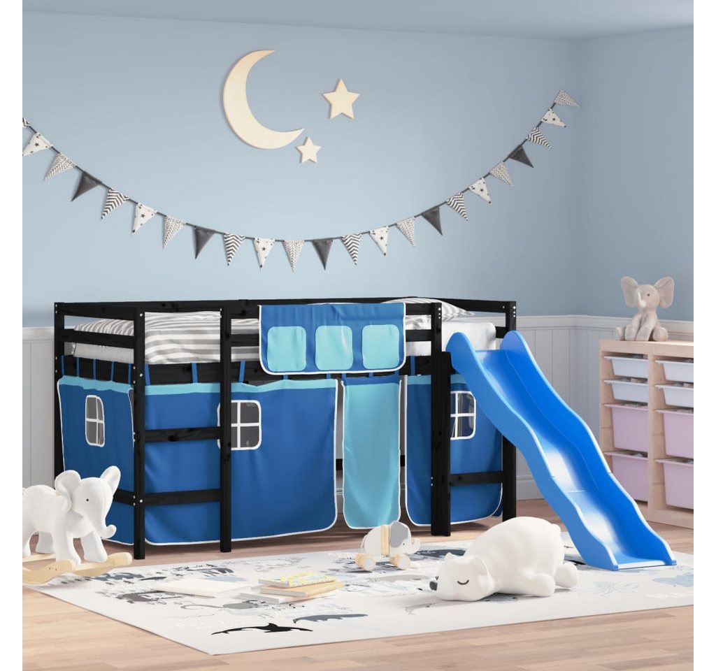 vidaXL Kinderbett Kinderhochbett mit Vorhängen Blau 80x200 cm Massivholz Ki günstig online kaufen