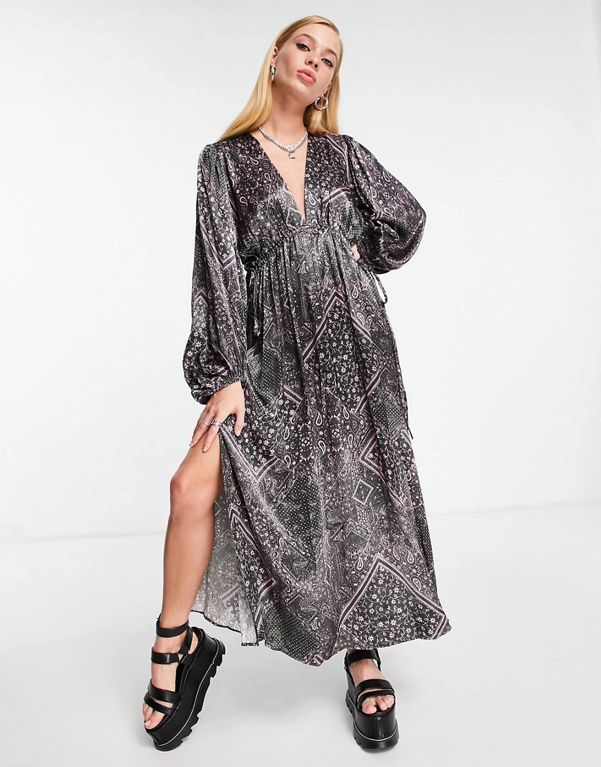 Topshop – Satin-Midikleid mit Ärmeldetails und Paisley-Muster-Mehrfarbig günstig online kaufen