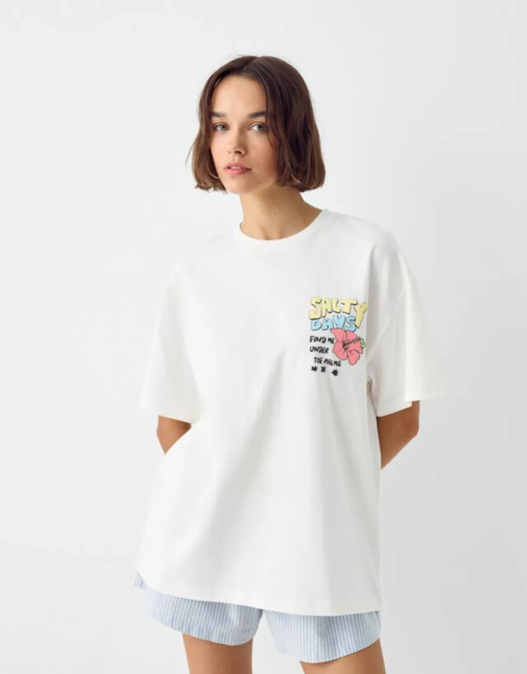 Bershka Oversize-T-Shirt Mit Print Damen L Rohweiß günstig online kaufen