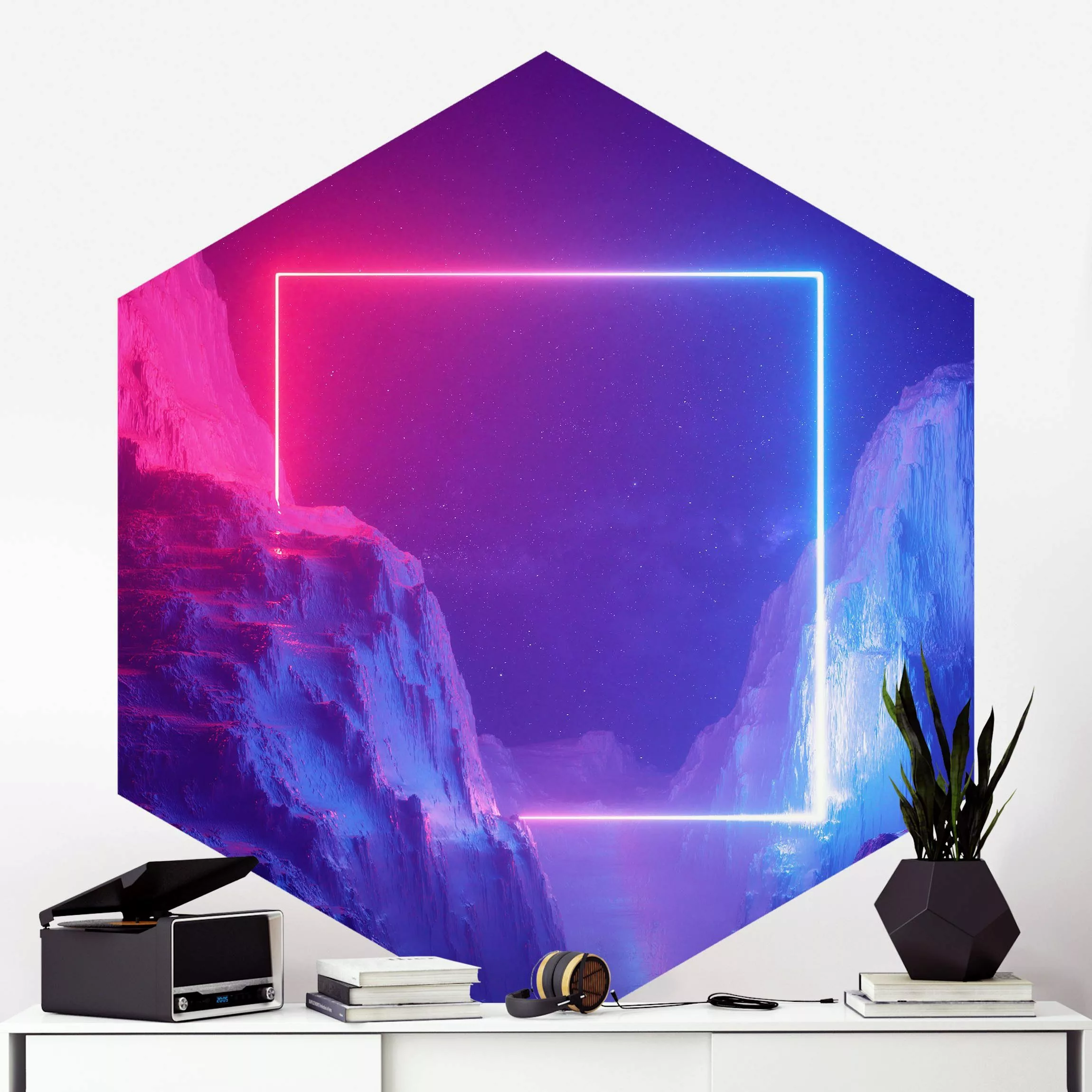 Hexagon Mustertapete selbstklebend Quadratisches Neonlicht günstig online kaufen