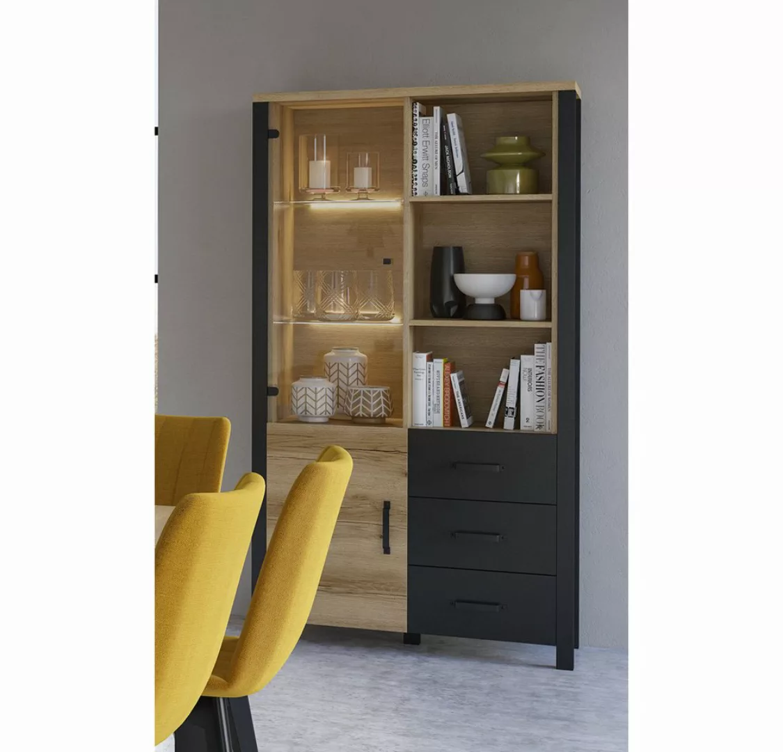 Lomadox Vitrine ORADEA-83 Grand Natural Oak Nb. mit schwarz supermatt 101/1 günstig online kaufen