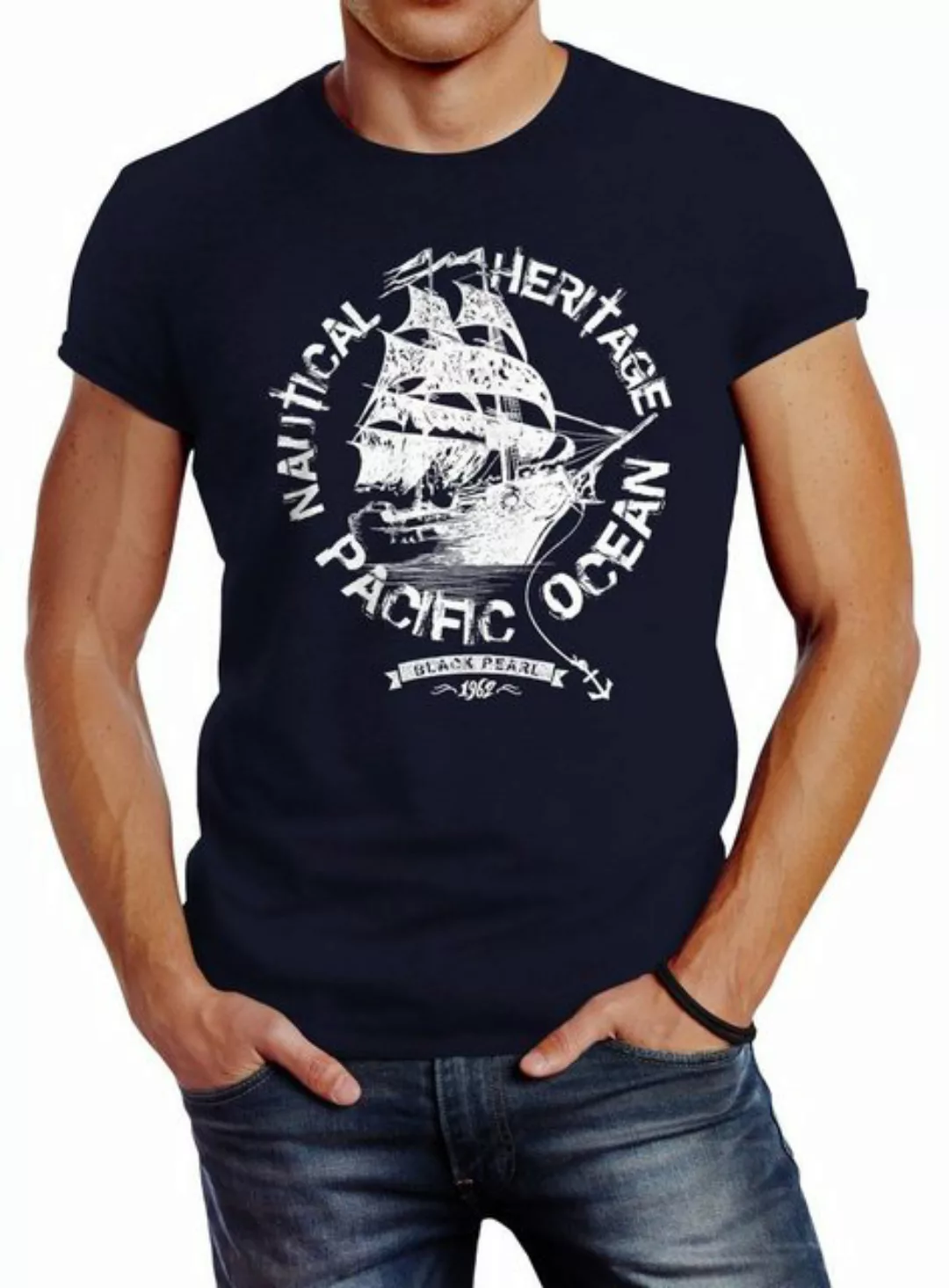 Neverless Print-Shirt Herren T-Shirt Segelschiff Piratenschiff Slim Fit mit günstig online kaufen