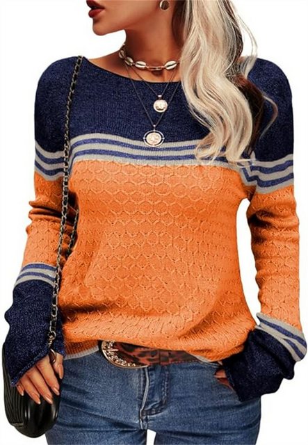 RUZU UG Strickpullover Damen Pullover Colorblock Langarm Rundhals Strickpul günstig online kaufen