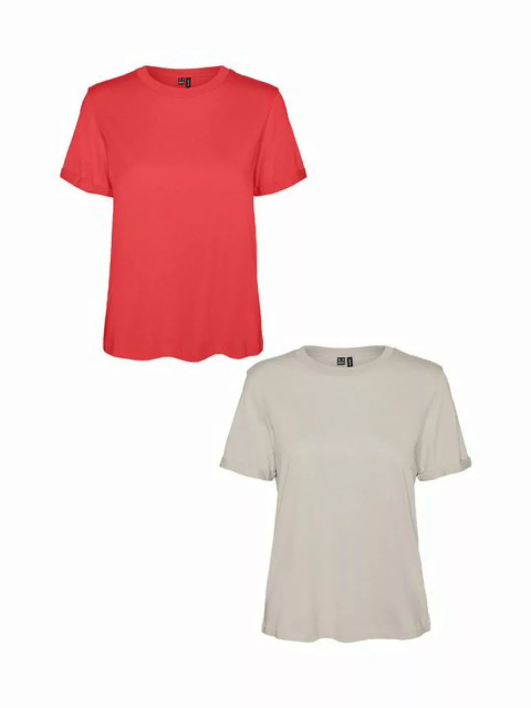 Vero Moda T-Shirt 2er Pack Basic T-Shirt VMPAULA (2-tlg) 5270 in Beige-Rot günstig online kaufen