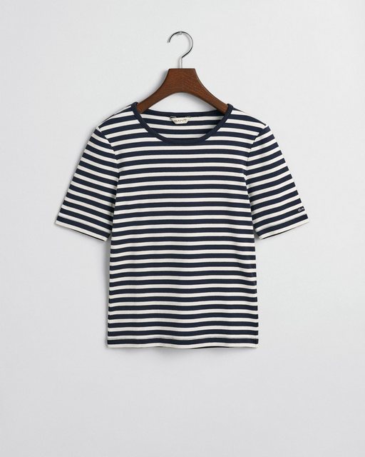 Gant T-Shirt "SLIM STRIPED 1X1 RIBBED KA T-SHIRT", mit dezentem Logoschrift günstig online kaufen