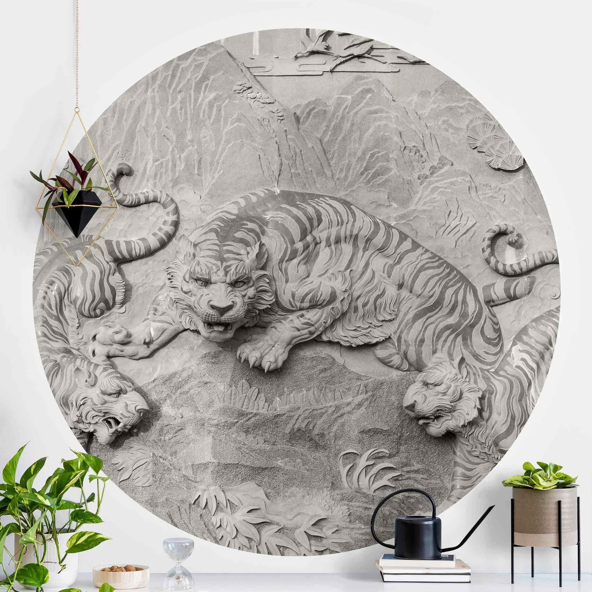 Runde Fototapete selbstklebend Chinoiserie Tiger in Steinoptik günstig online kaufen