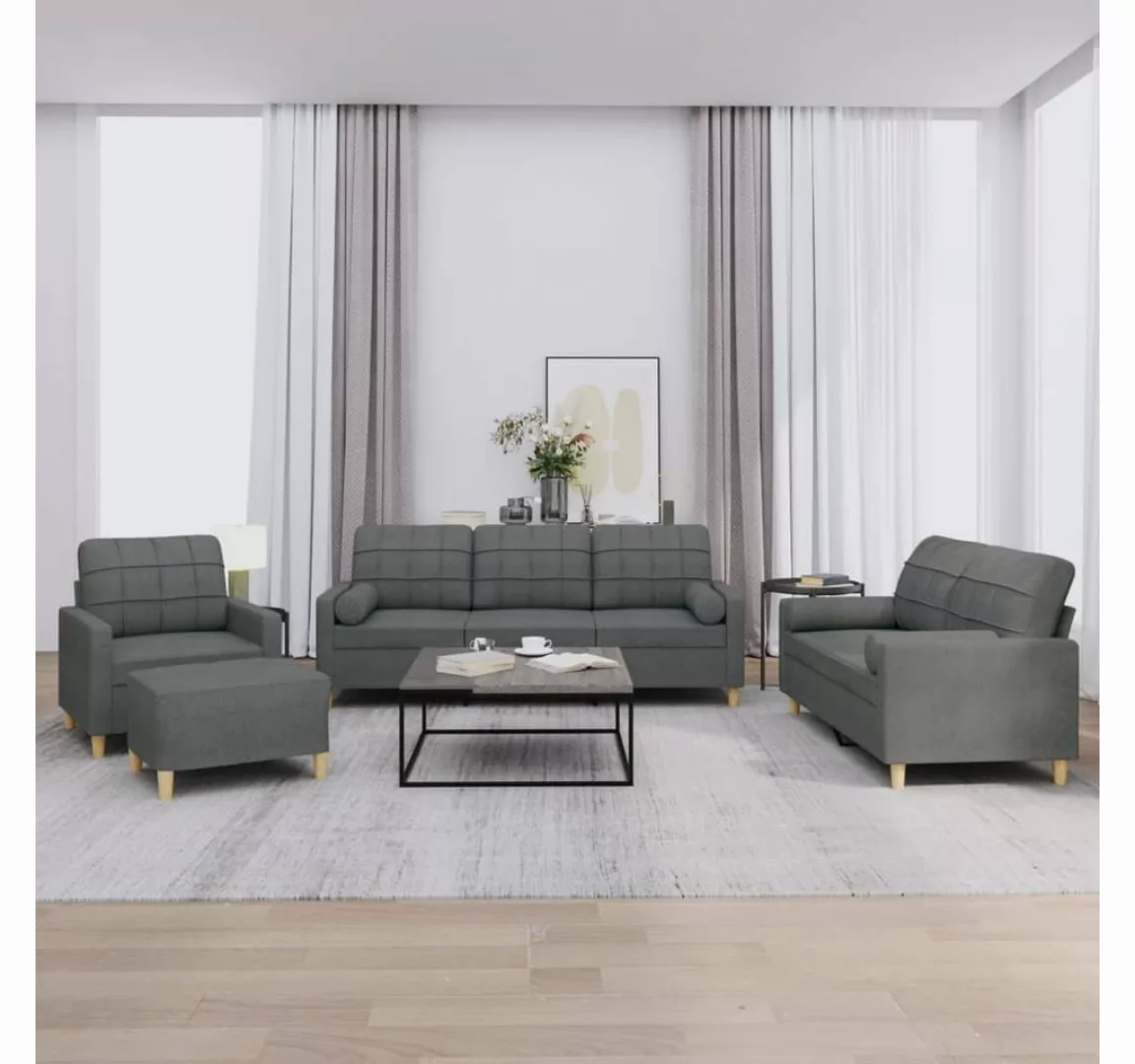 vidaXL Sofa Sofagarnitur mit Kissen Stoff, mit Zierkissen + Hocker, Dunkelg günstig online kaufen