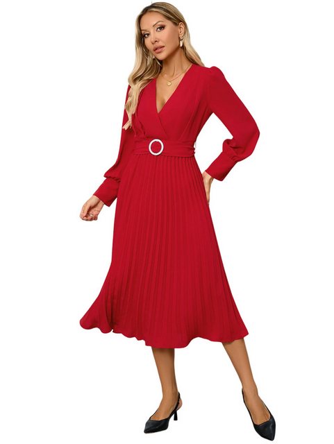 Mayou Plisseekleid Damen Elegant Kleid Langarm V-Ausschnitt Faltenrock Cock günstig online kaufen