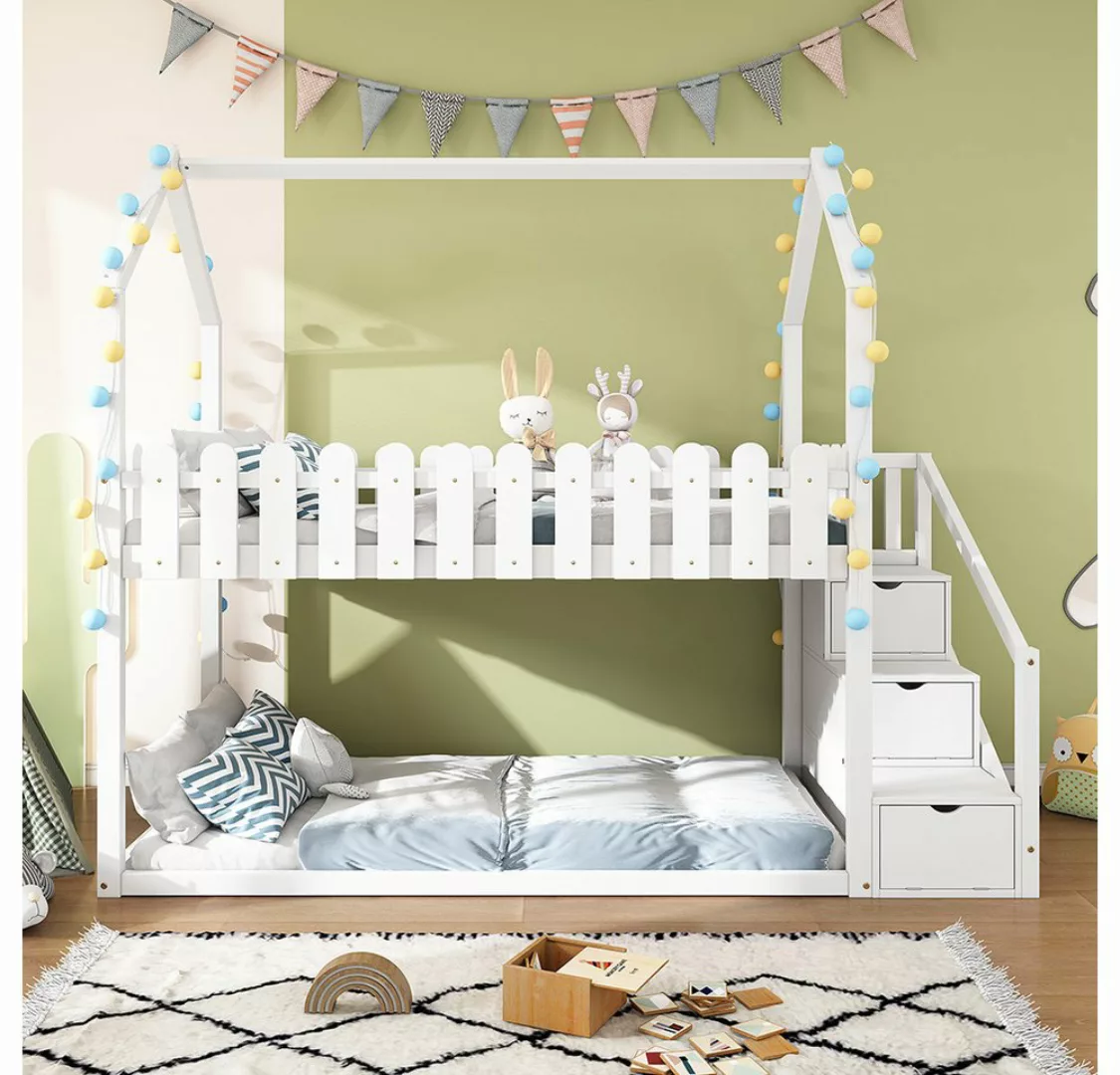 Sweiko Kinderbett (Etagenbett mit 3 Treppen, mit 3 Ablagefächer, mit Zaunde günstig online kaufen