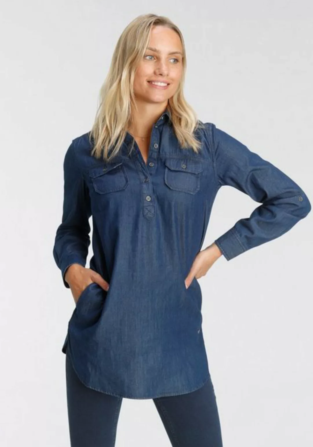 Arizona Jeansbluse Krempelärmel mit Riegel im Tunikastil günstig online kaufen