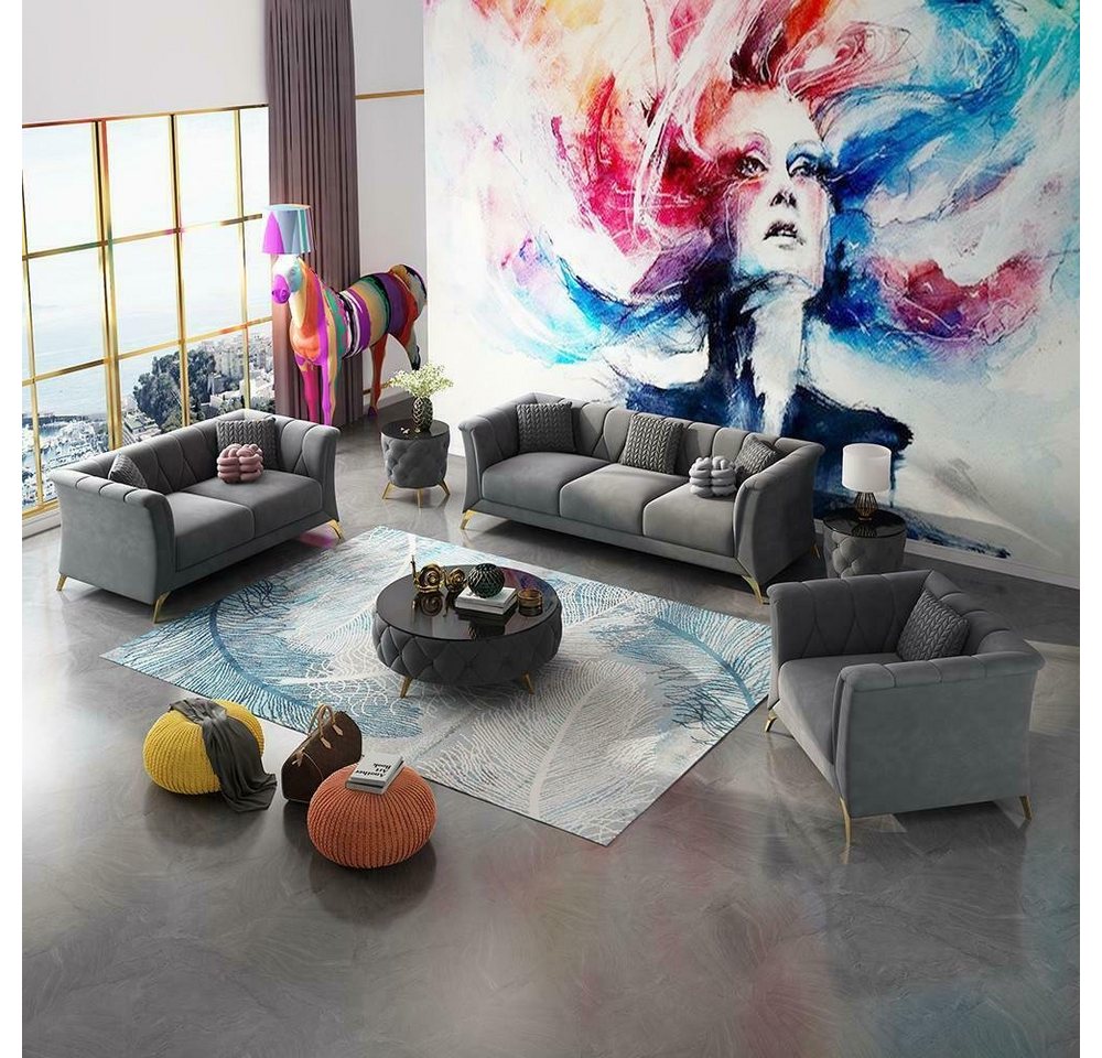 JVmoebel Sofa Graue Moderne Designer Chesterfield Sofagarnitur Sofa Set, Ma günstig online kaufen