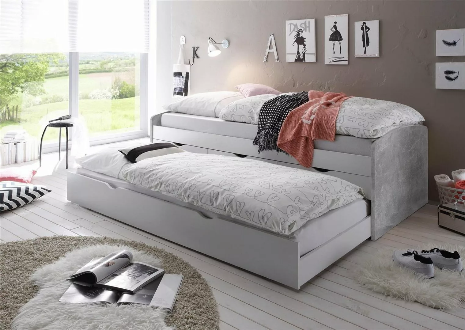 möbelando Bett Georgina, Modernes Bett aus Spanplatte in Beton Nachbildung günstig online kaufen