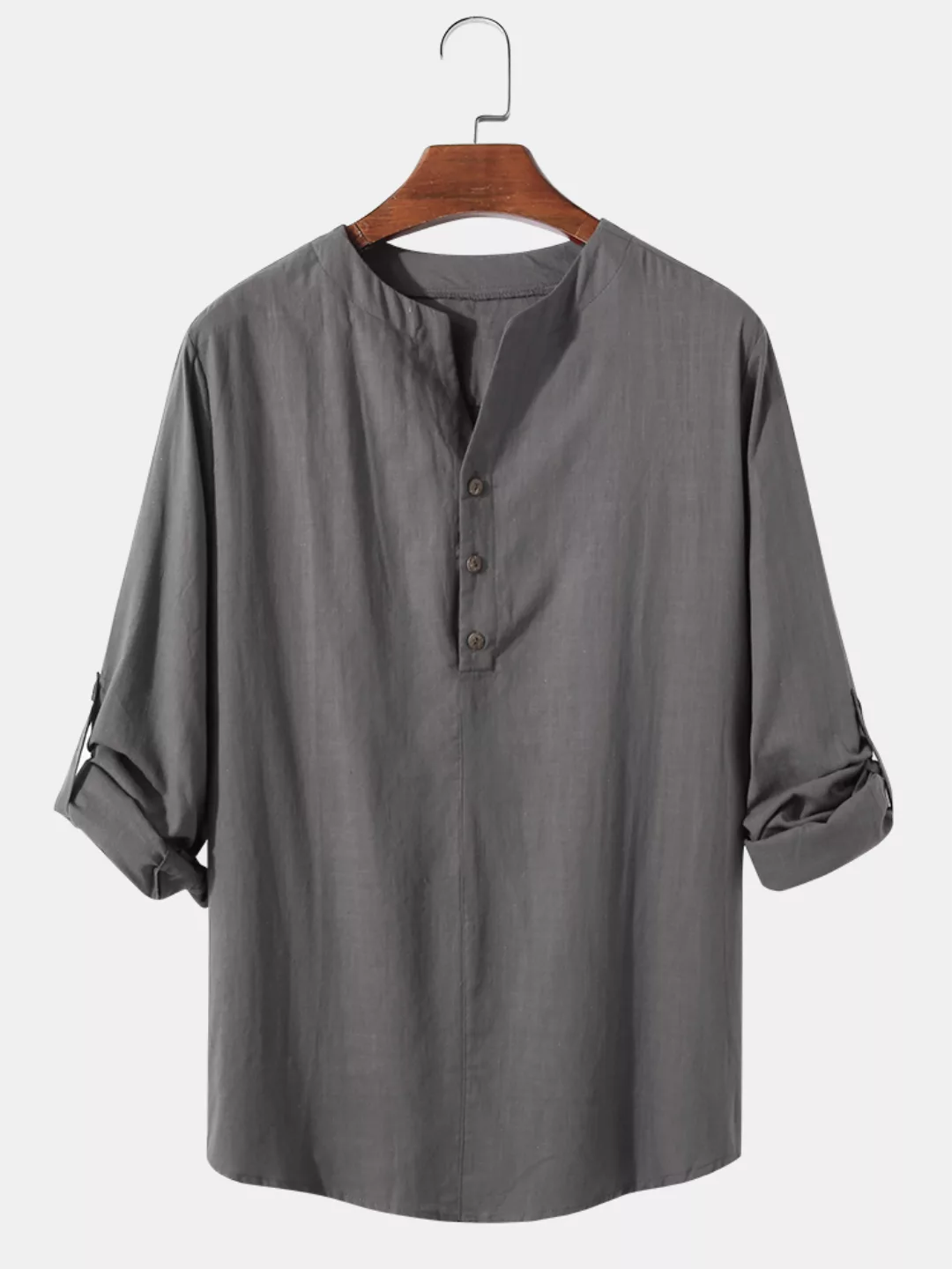 Herren Baumwolle Leinen einfarbig Stehkragen lässig Langarm Henley Shirts günstig online kaufen