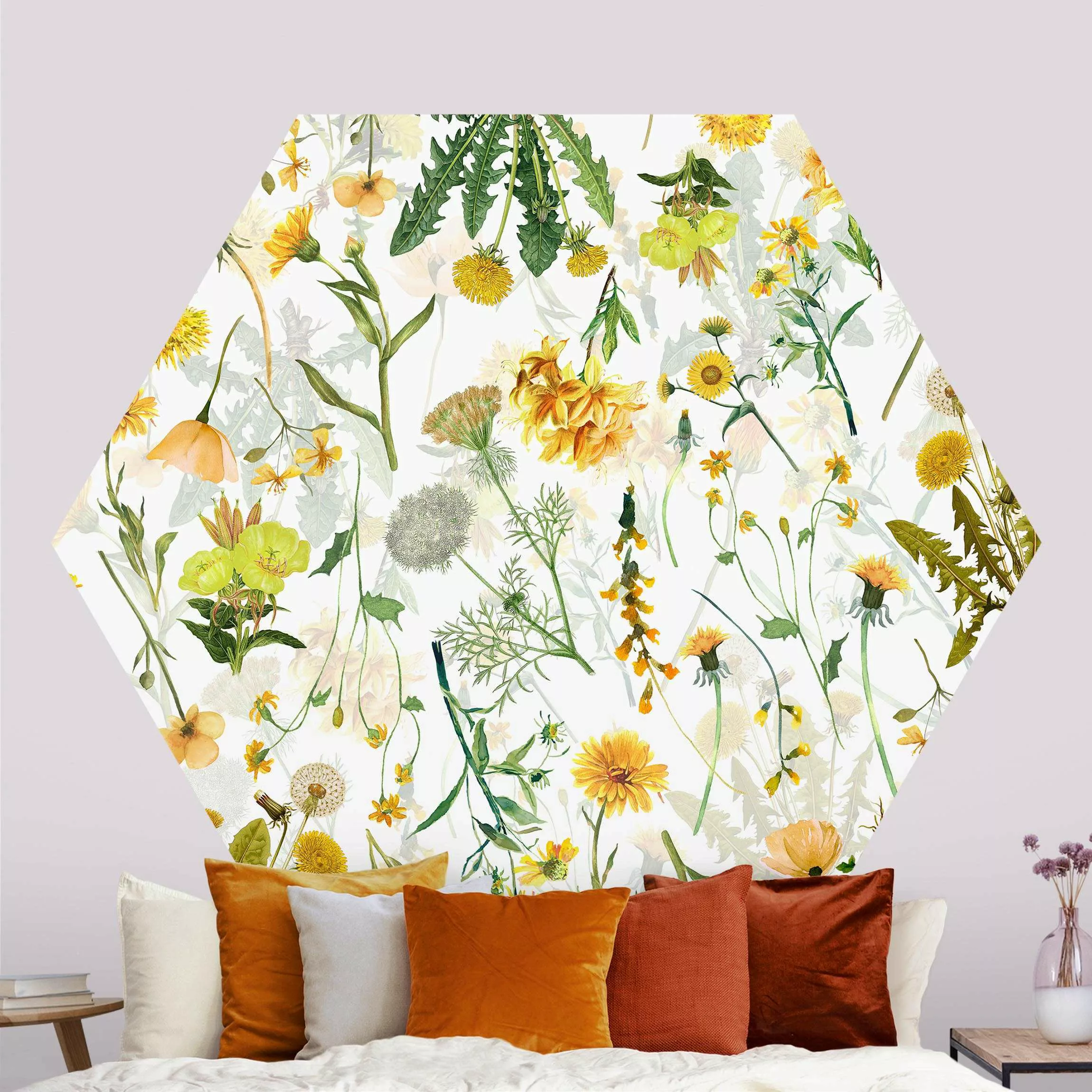 Hexagon Mustertapete selbstklebend Gelbe Wildblumen günstig online kaufen