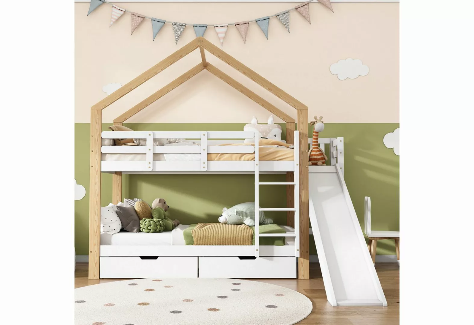 Ulife Etagenbett Kinderbett Hausbett mit Rutsche und dreistufiger Winkelauf günstig online kaufen