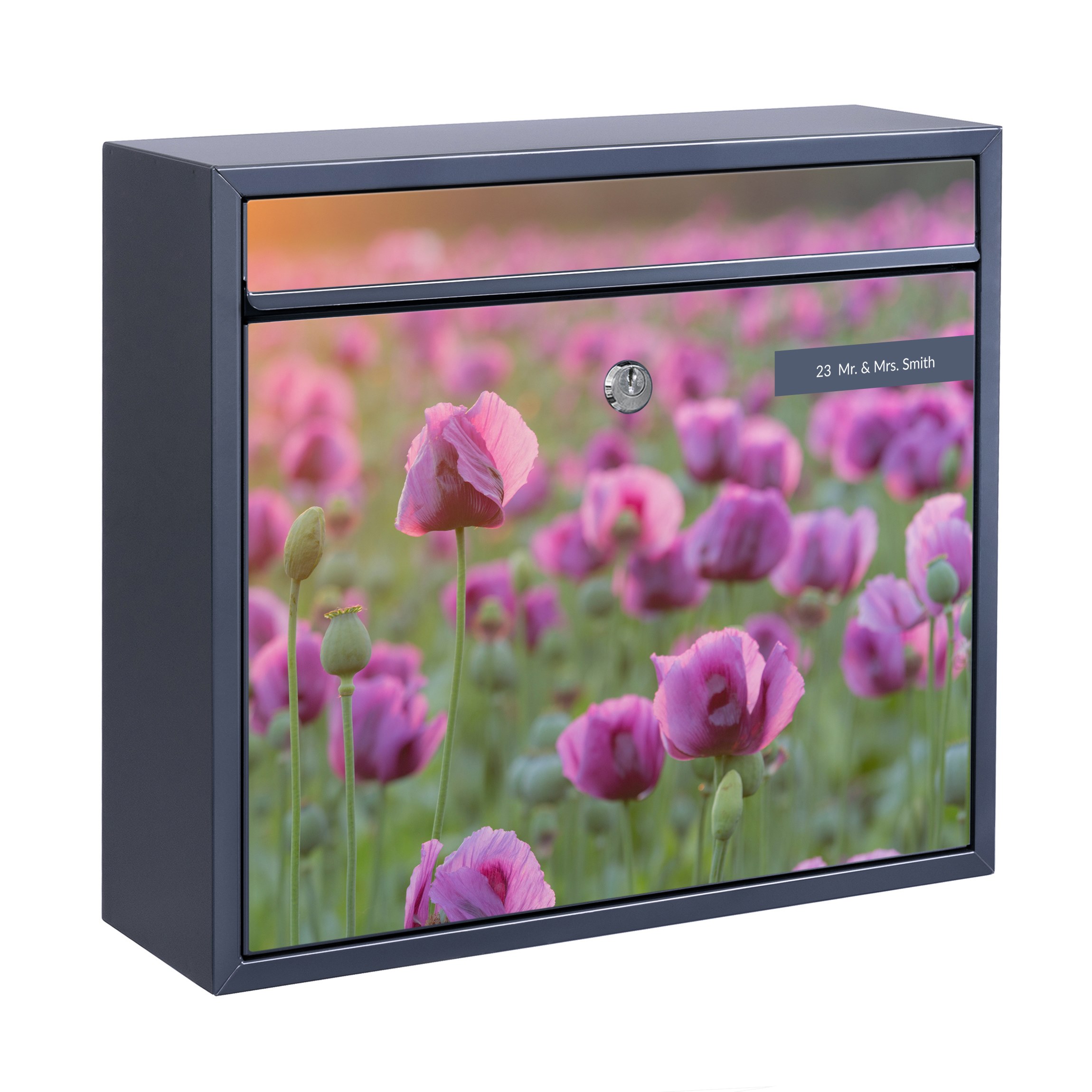 Briefkasten mit eigenem Text Violette Schlafmohn Blumenwiese im Frühling günstig online kaufen