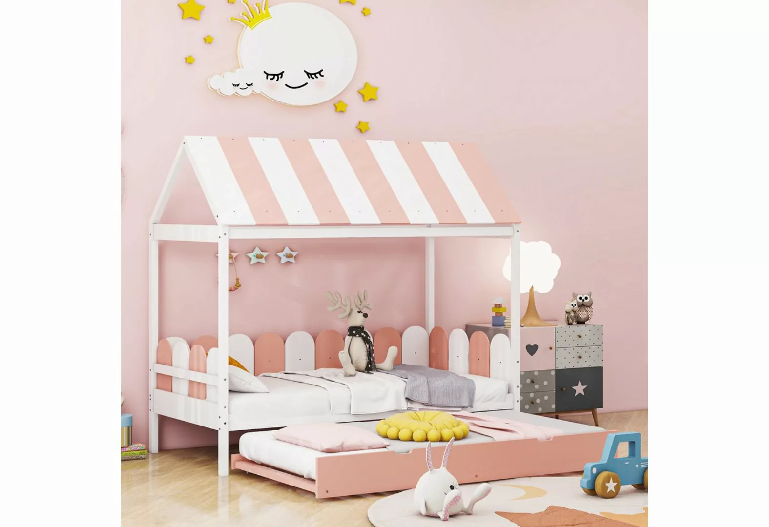 Blusmart Kinderbett Ausziehbett Hausbett Einzelbett 90x190cm (mit Dach und günstig online kaufen