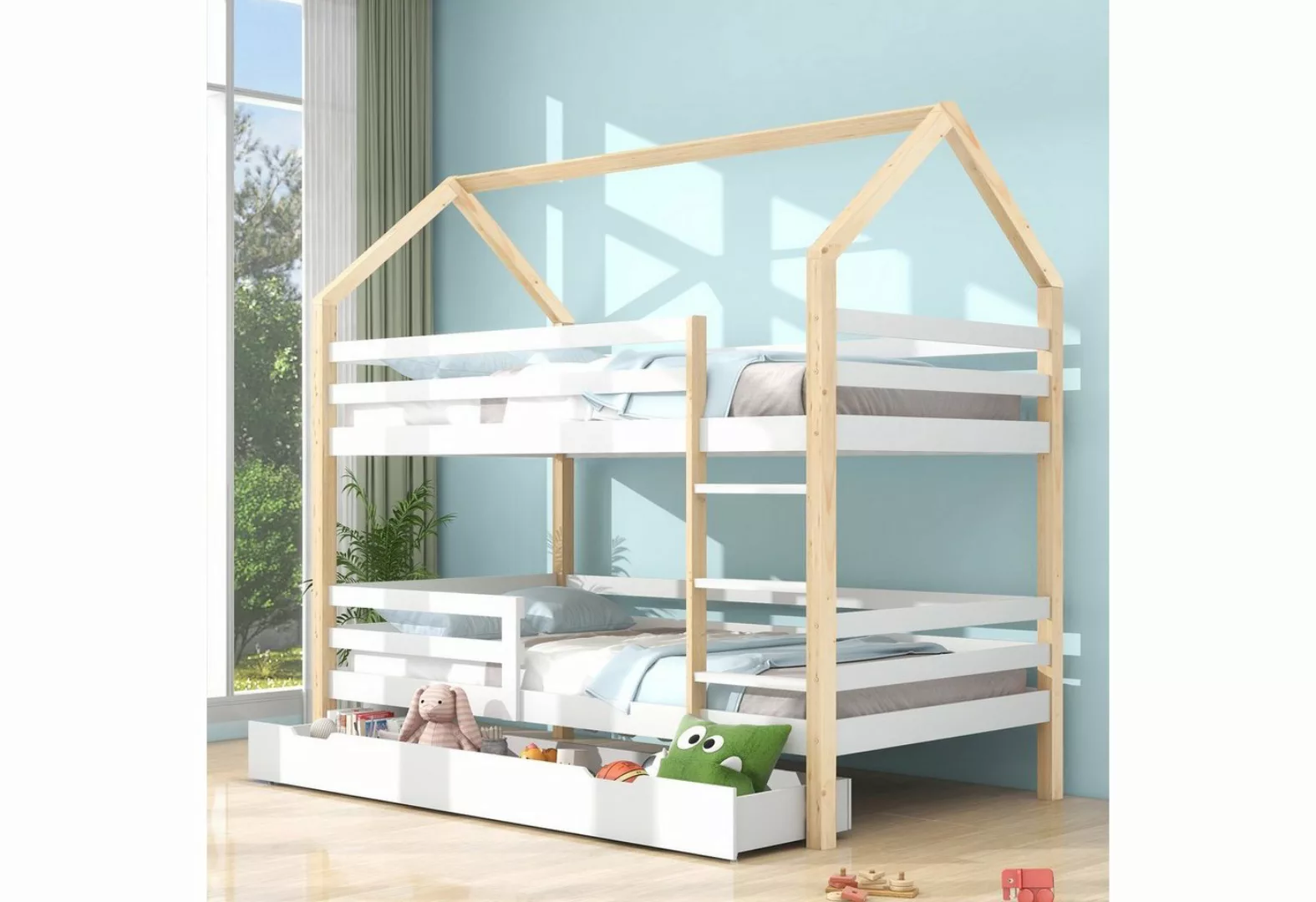 SOFTWEARY Etagenbett mit 2 Schlafgelegenheiten, Rollrost und Leiter (90x200 günstig online kaufen