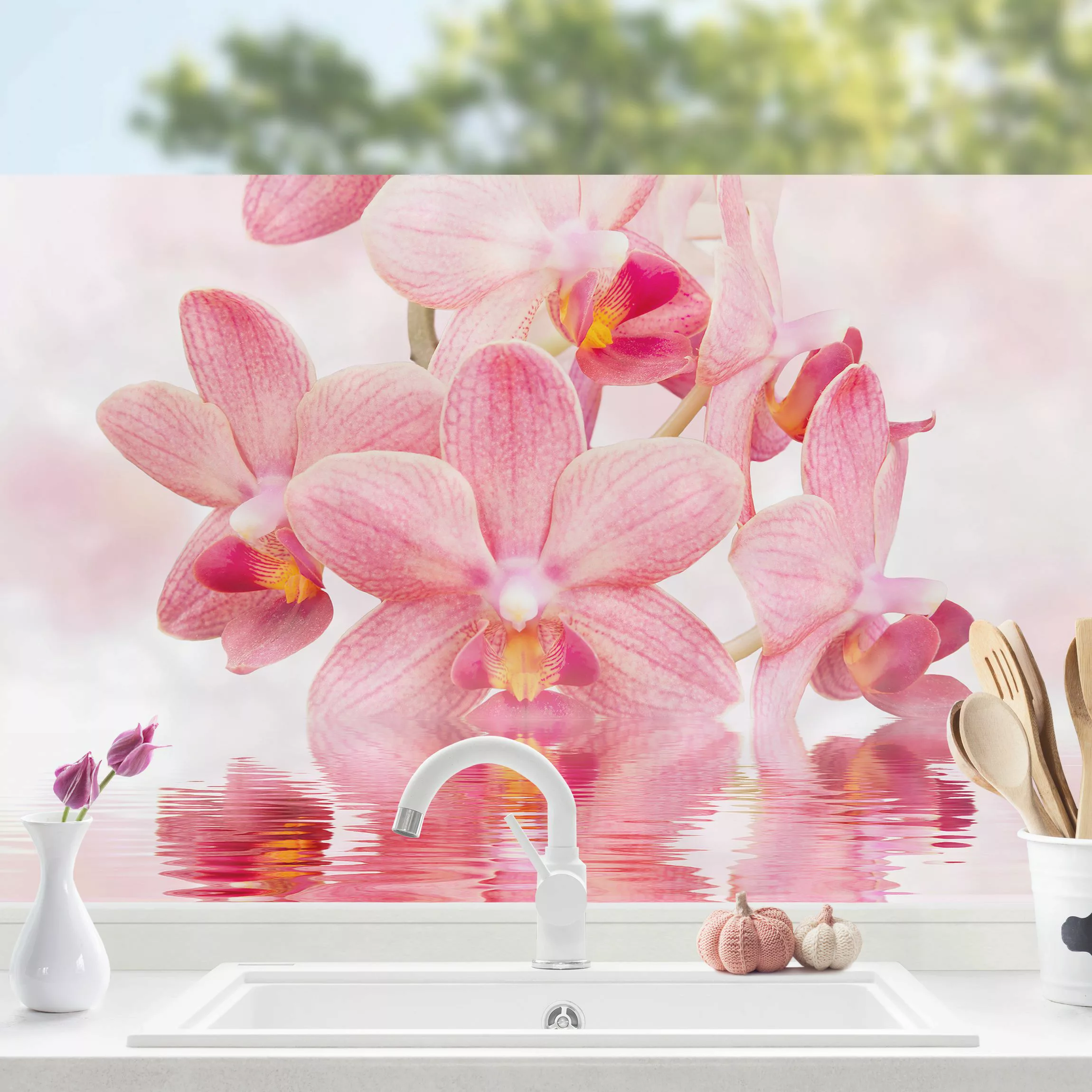 Fensterfolie Rosa Orchideen auf Wasser günstig online kaufen