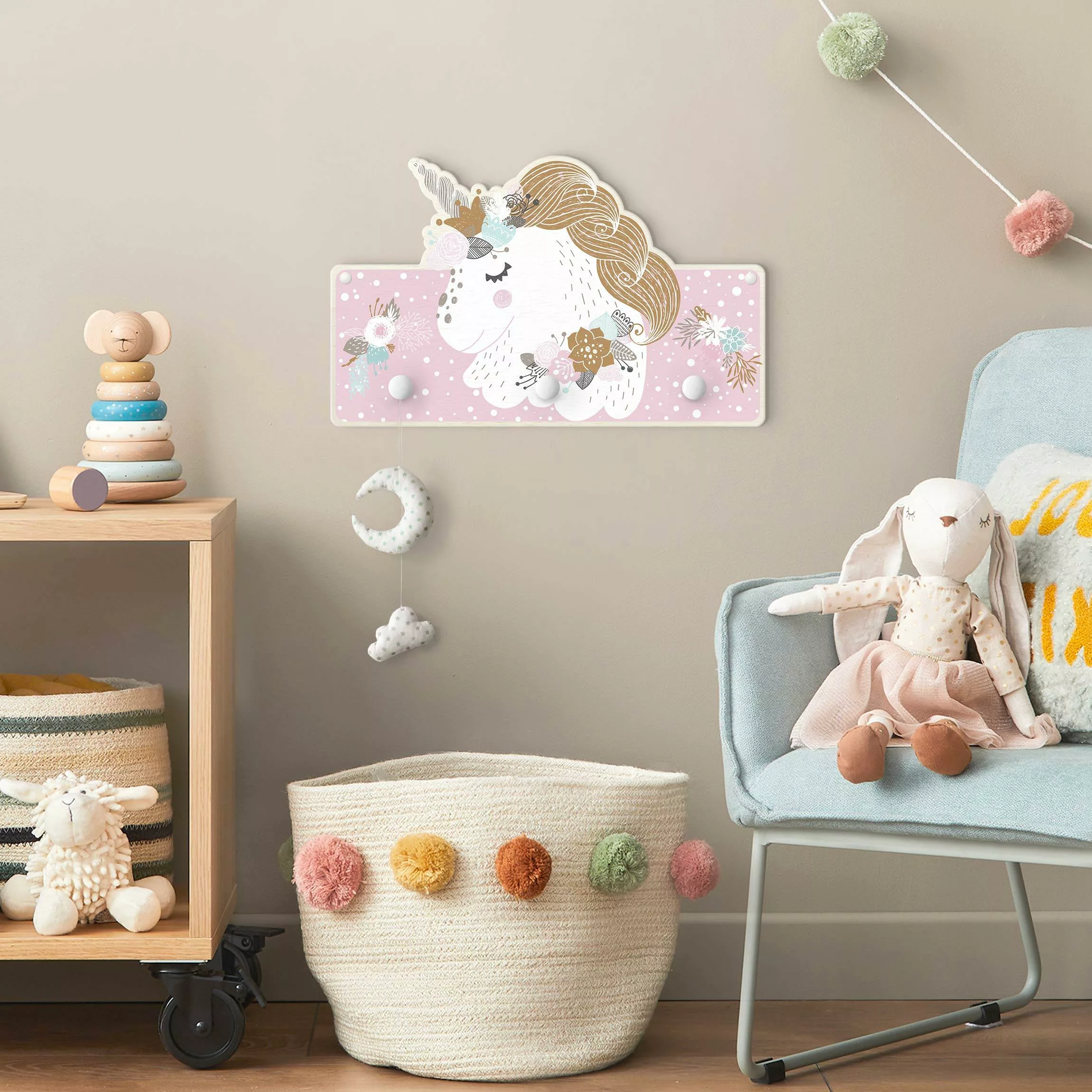 Kindergarderobe Holz Florales Einhorn rosa günstig online kaufen