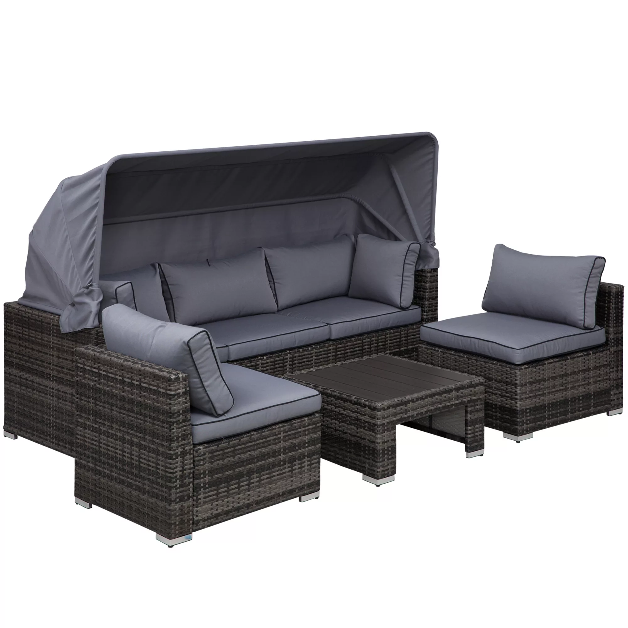 Outsunny Rattan Lounge Set, Sitzgruppe mit Sonnendach, Garten Loungegruppe, günstig online kaufen