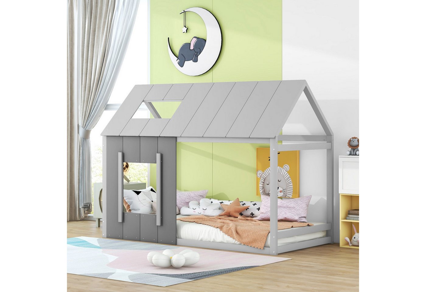 Rutaqian Kinderbett Hausbett, Einzelbett, Bodenbett, Flachbett, 90 x 200cm, günstig online kaufen