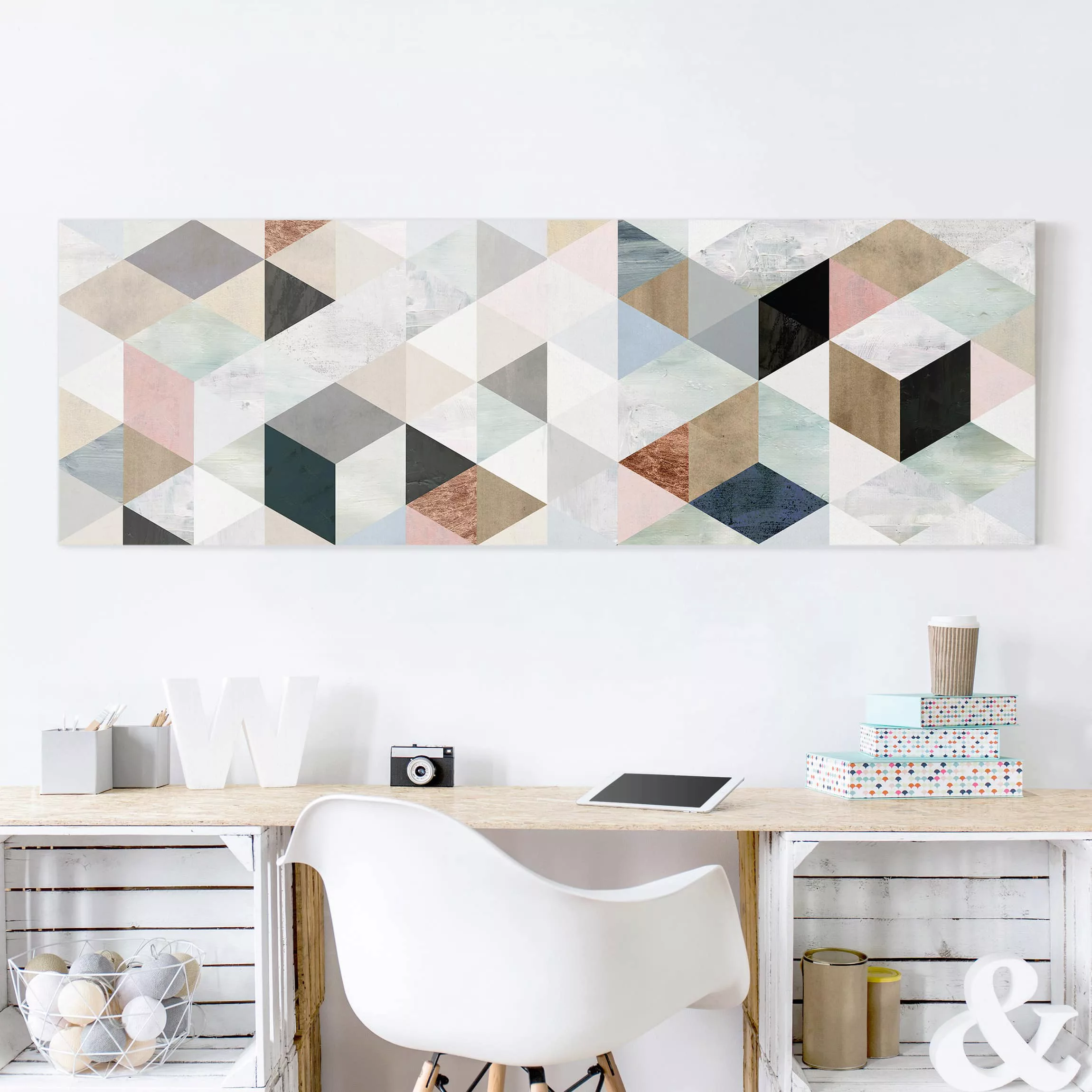 Leinwandbild Muster - Panorama Aquarell-Mosaik mit Dreiecken I günstig online kaufen
