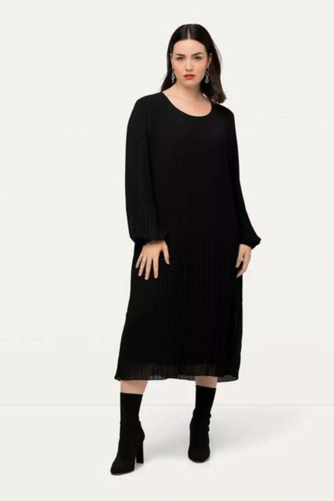 Ulla Popken Sommerkleid Plissee-Midikleid A-Linie Rundhals Langarm günstig online kaufen