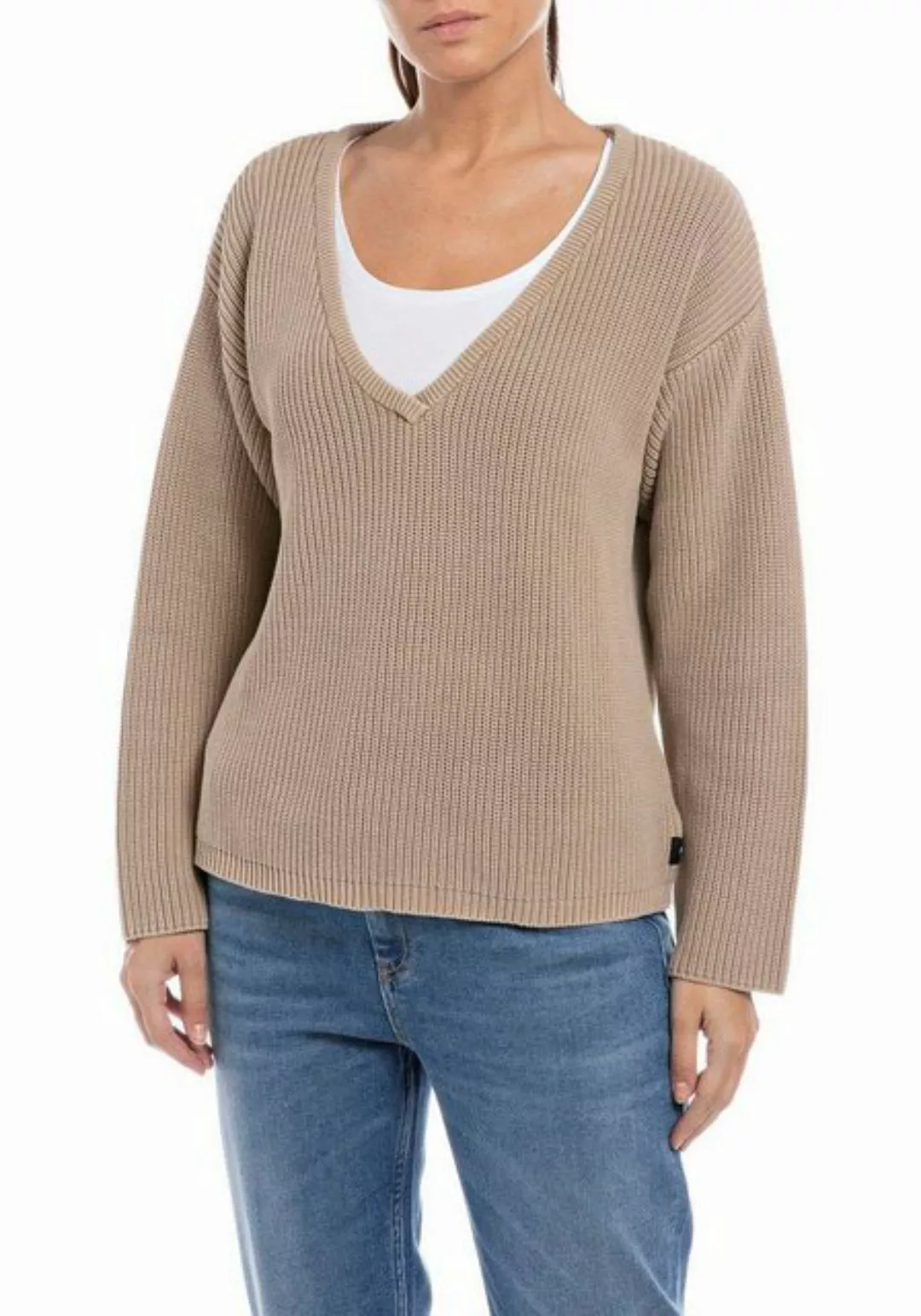 Replay Strickpullover mit tiefem V-Ausschnitt, aus Baumwolle günstig online kaufen