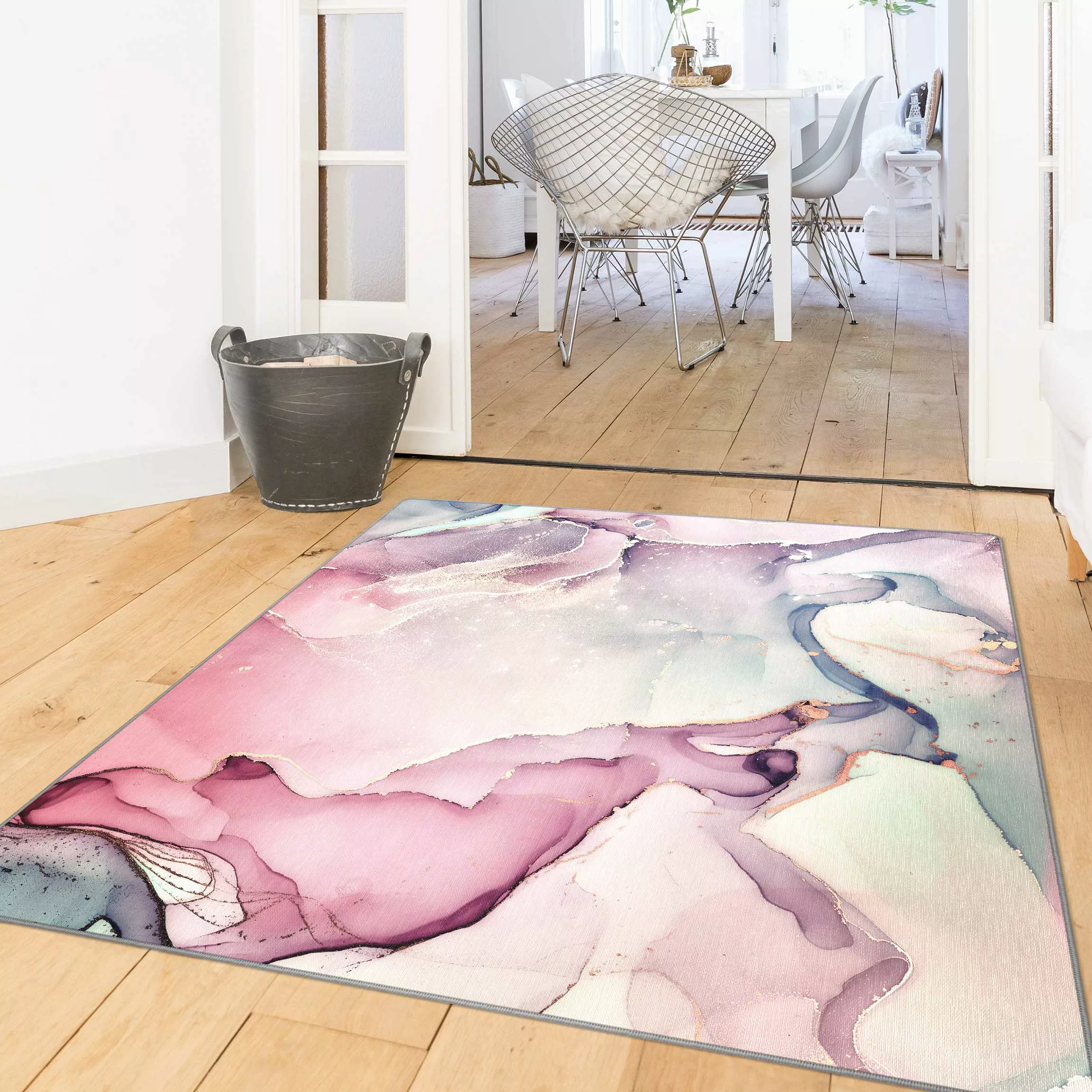 Teppich Aquarell Pastell Rosa mit Gold günstig online kaufen