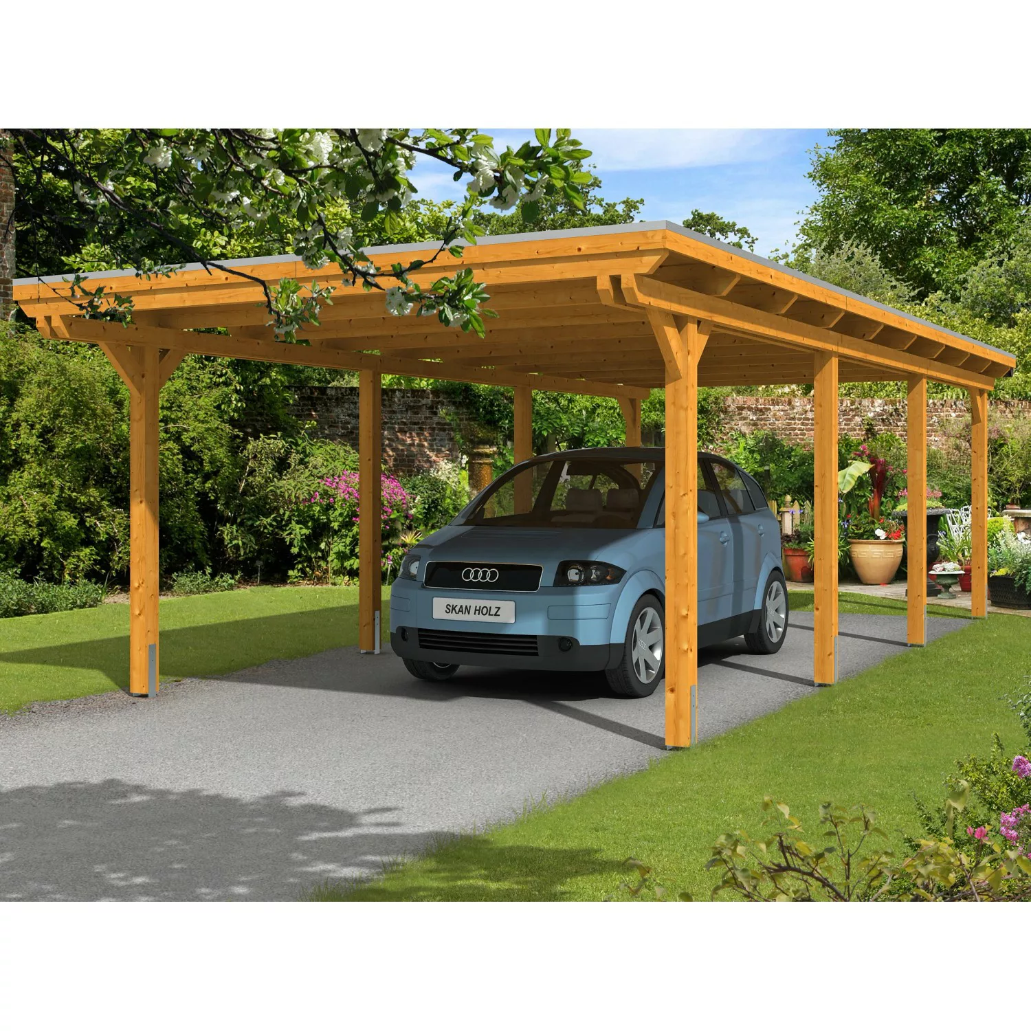 Skan Holz Einzelcarport Leimholz Eiche hell 404 cm x 846 cm Alu-Dachplatten günstig online kaufen