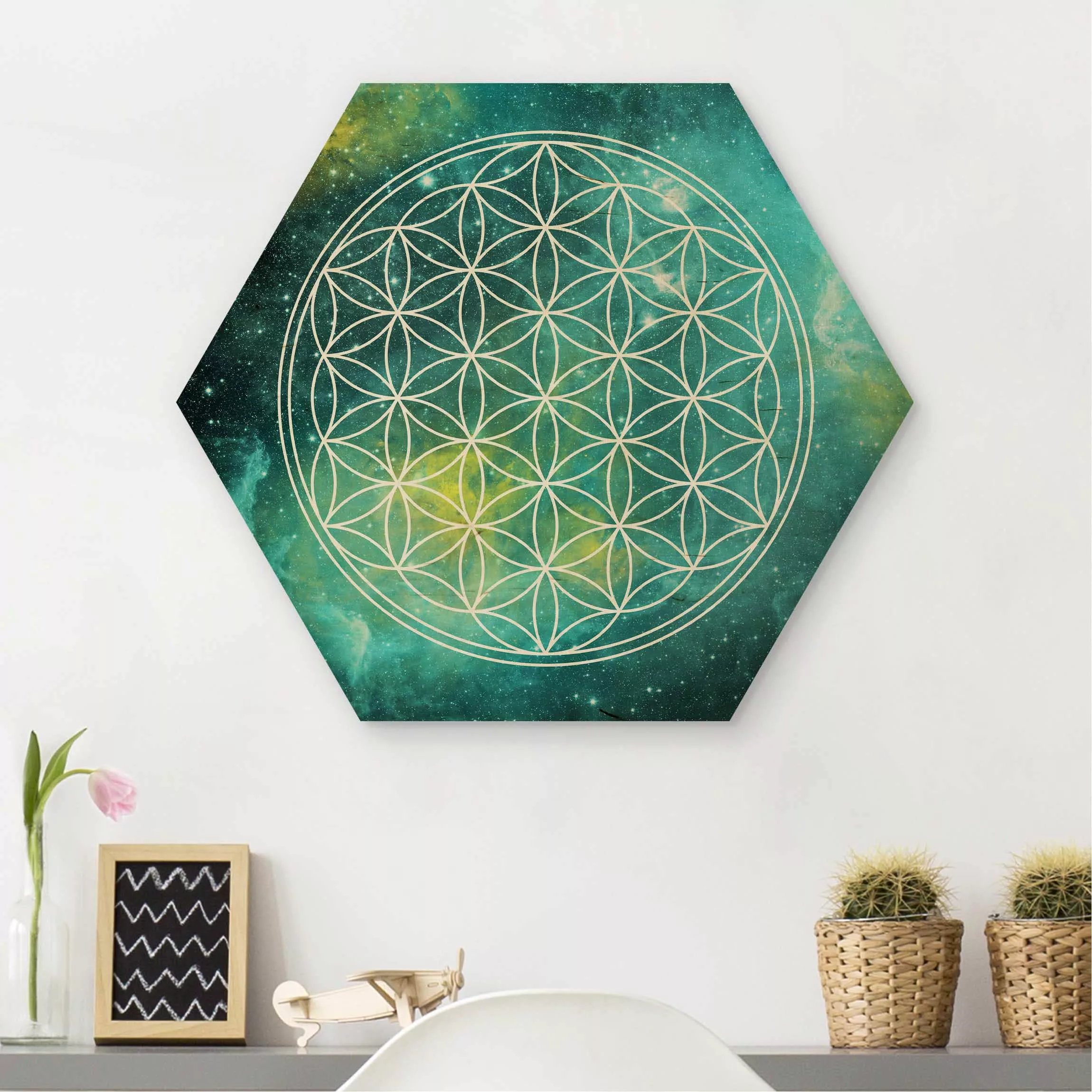 Hexagon-Holzbild Muster & Textur Blume des Lebens im Licht der Sterne günstig online kaufen