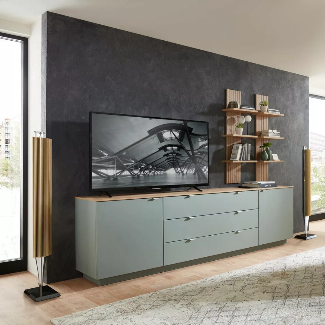 TV Sideboard Set mit Wandregalen Fernsehschrank grün mit Eiche, Breite 240 günstig online kaufen