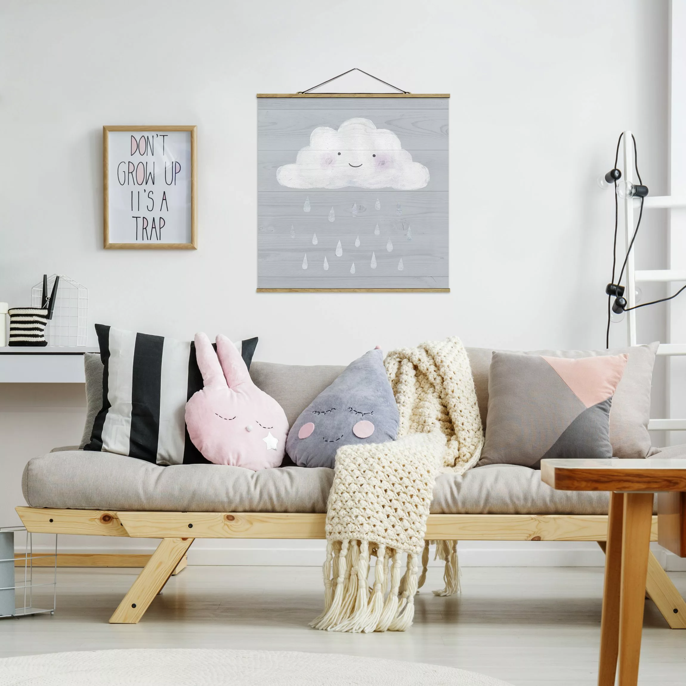 Stoffbild Kinderzimmer mit Posterleisten - Quadrat Wolke mit silbernen Rege günstig online kaufen