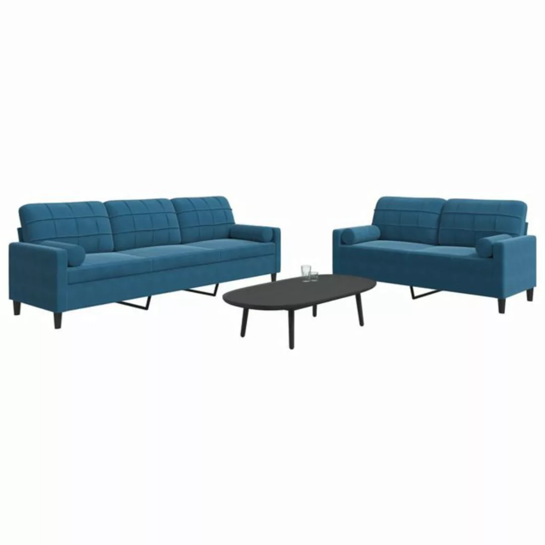 vidaXL Sofa, 2-tlg. Sofagarnitur mit Kissen und Nackenrollen Blau Samt günstig online kaufen