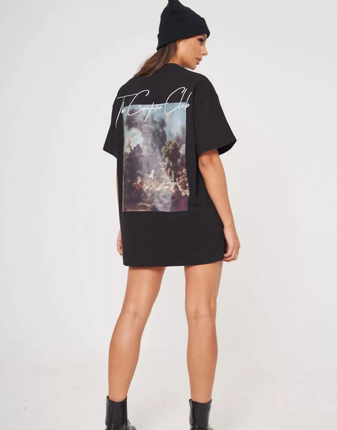 The Couture Club – Schwarzes Oversize-T-Shirtkleid mit Grafik-Print günstig online kaufen
