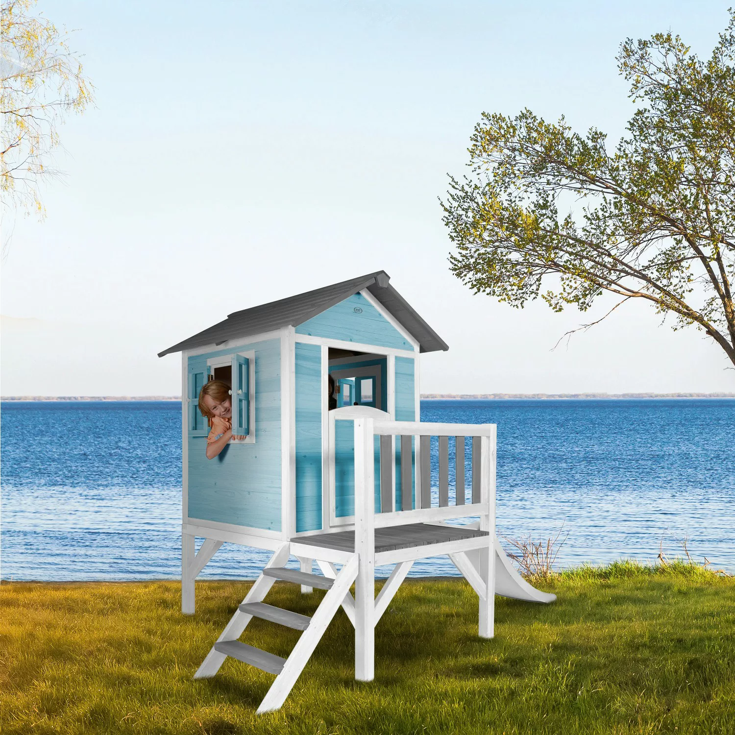 Axi Lodge XL Spielhaus Karibisches Blau mit Grauer Rutsche 167 x 240 x 189 günstig online kaufen