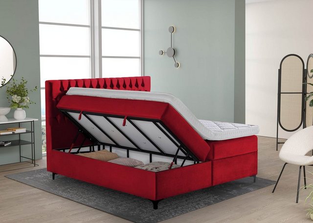 BettCo Stauraumbett Boxspringbett mit Bettkasten Vegas (in Samt Rot, 140 x günstig online kaufen